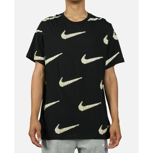 Nike Mens Bling T Shirt Size Medium Black Gold Diamond Swoosh Allover Print Tee - Picture 1 of 5